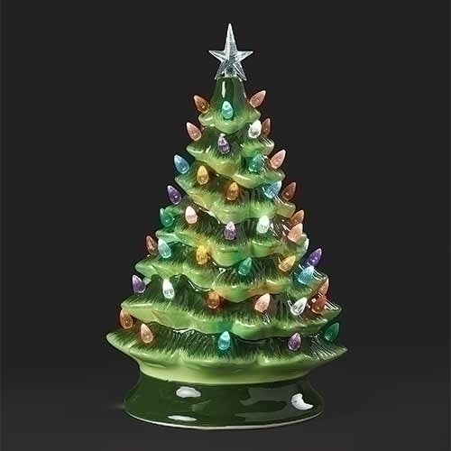 ROMAN: 13.5"H LIGHTED VINTAGE GREEN TREE; TWINKLING LIGHT