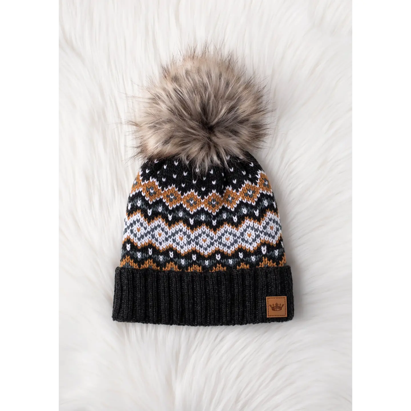 PANACHE APPAREL: DARK GRAY, WHITE, MUSTARD & BLUE PATTERNED POM HAT