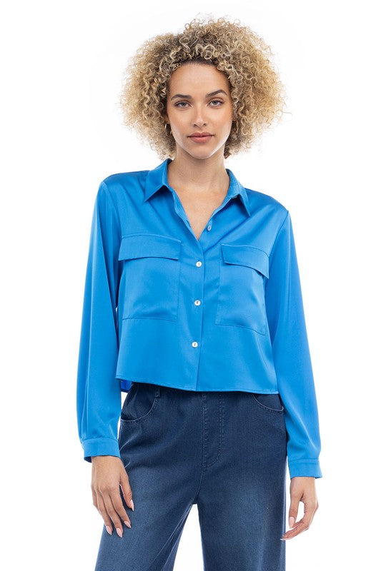 CROPPED BLOUSE WITH FLAP POCKETS - IBIZA BLUE