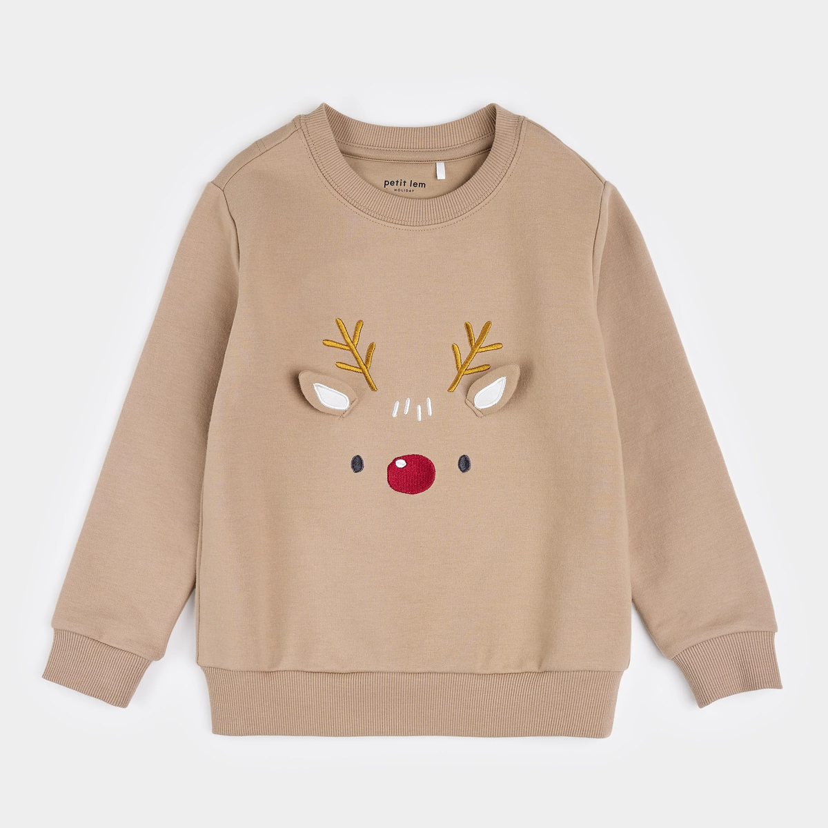 PETIT LEM: LITTLE REINDEER ON TAUPE FLEECE SWEATSHIRT