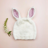 THE BLUEBERRY HILL: BAILEY BUNNY HAND-KNIT HAT - WHITE WITH PINK EARS