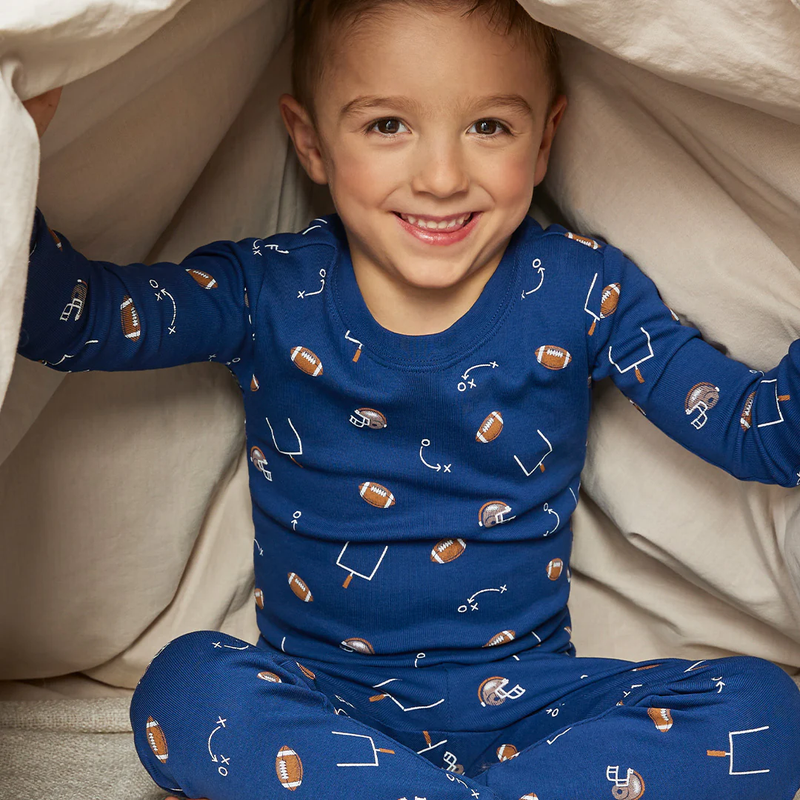 PETIT LEM: FOOTBALL PLAY PRINT ON BLUE PJ SET - NAVY