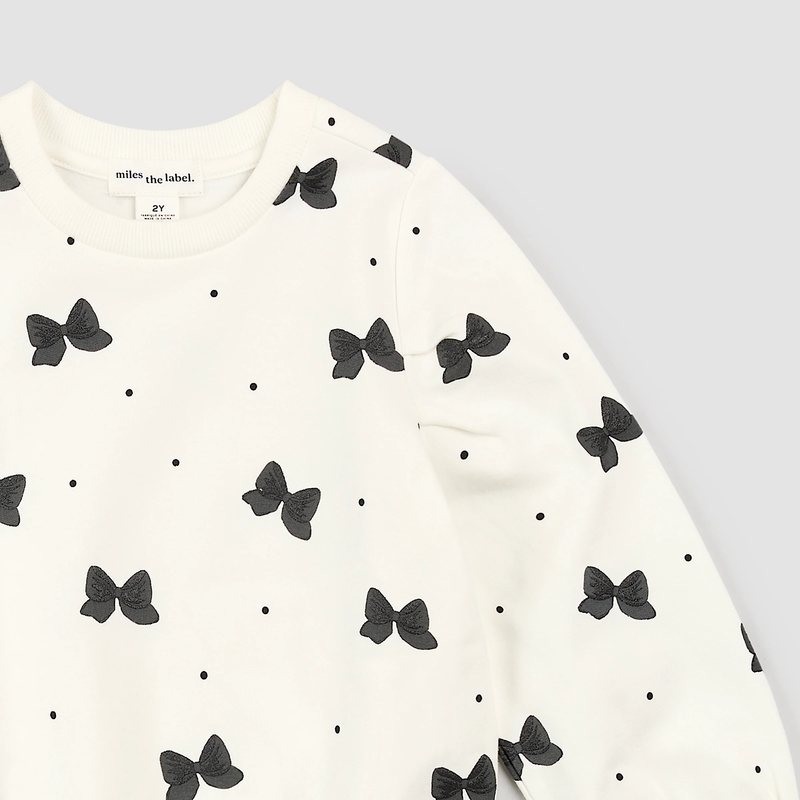 MILES THE LABEL: GLITTER BOW PRINT ON OFF-WHITE SWEATSHIRT & BLACK VELOUR LEGGINGS SET
