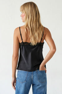 CLASSIC SATIN V-NECK LACE TRIM CAMI - BLACK