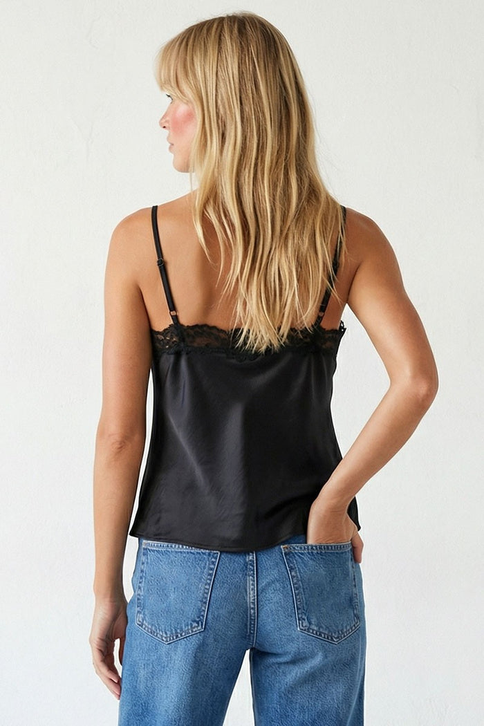 CLASSIC SATIN V-NECK LACE TRIM CAMI - BLACK