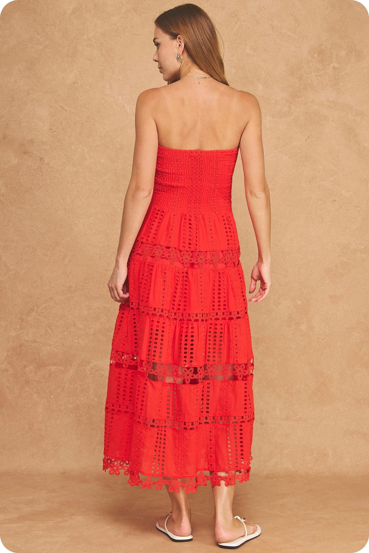 EYELET LACE TUBE DRESS - RED