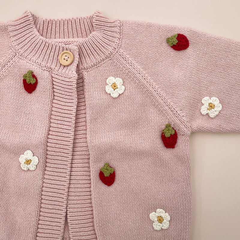 THE BLUEBERRY HILL: COTTON STRAWBERRY FLOWER CARDIGAN - BLUSH