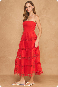 EYELET LACE TUBE DRESS - RED
