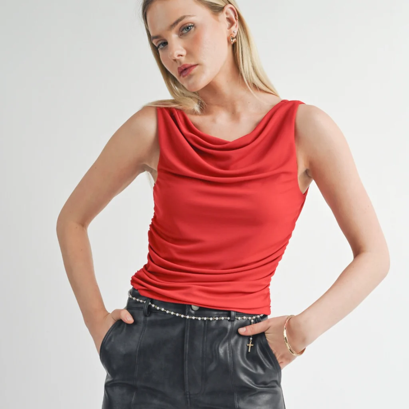 SAGE THE LABEL: SPECIAL COWL NECK RUCHED TOP - RED