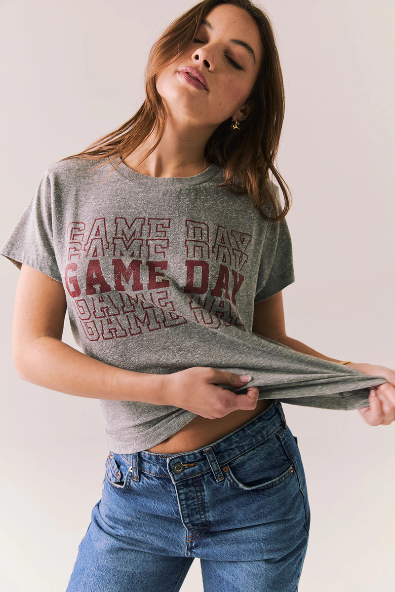 CHASER: GAME DAY TEE – GRAY VINTAGE-STYLE TEE WITH MAROON GRAPHIC