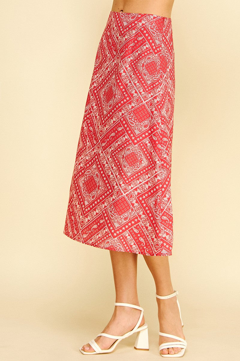 PINCH: BANDANA PRINT A-LINE MIDI SKIRT - RED
