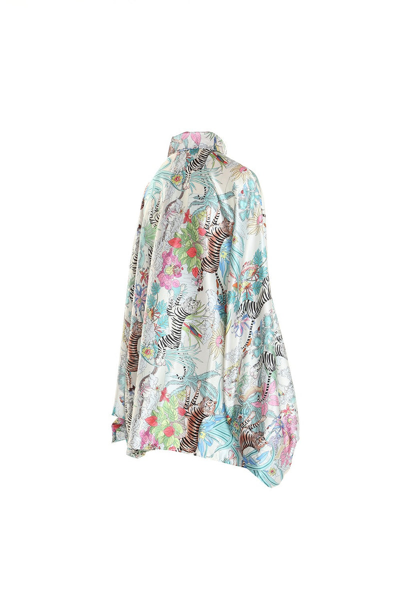 EXOTIC TURQUOISE PRINT SATIN BLOUSE