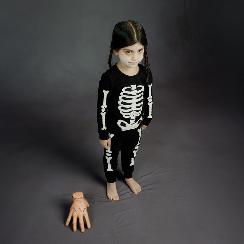 PETIT LEM: SKELETON GLOW IN THE DARK PRINT PJ SET - BLACK