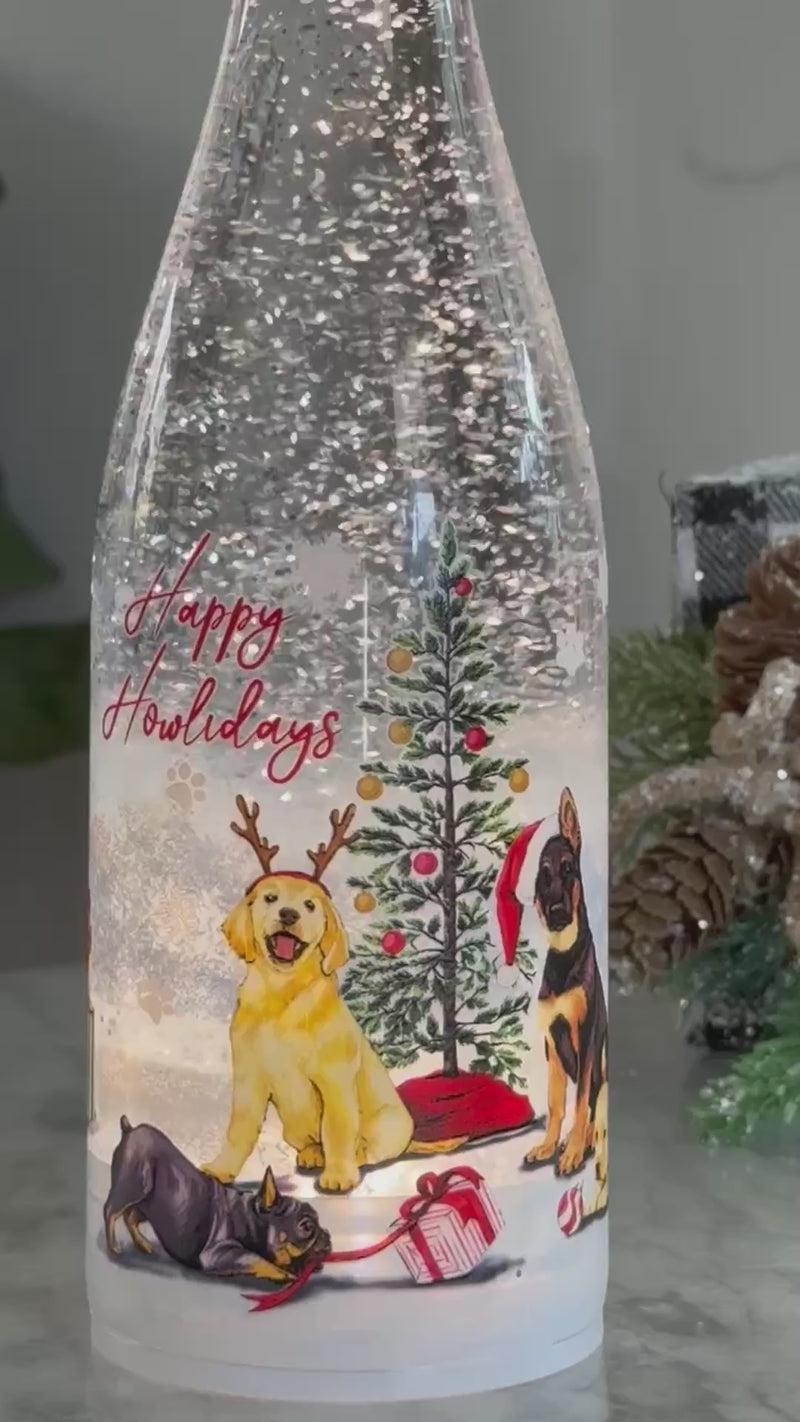 ROMAN: 12"H LIGHTED SWIRL DOG WINE BOTTLE; HAPPY HOWLIDAYS