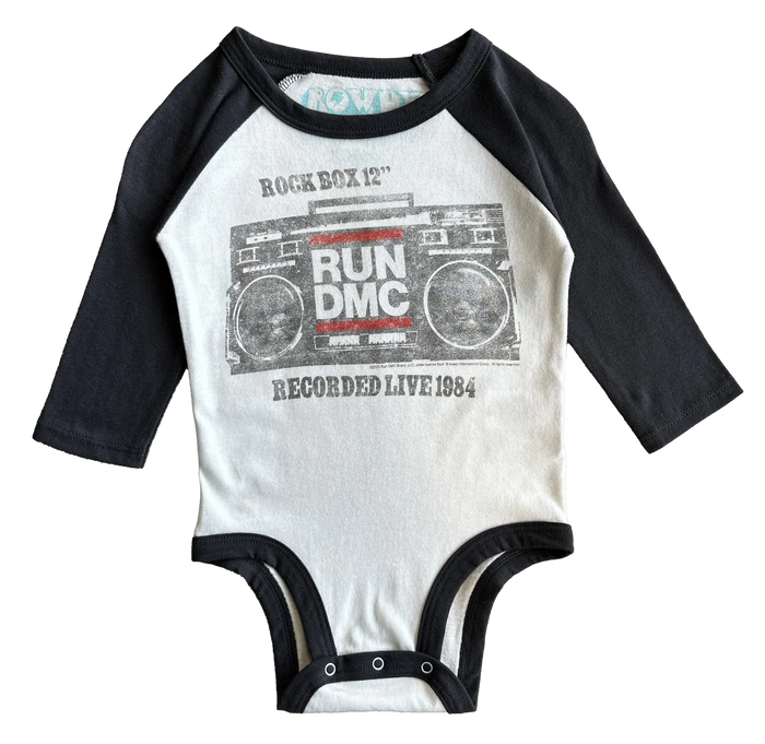 ROWDY SPROUT: RUN DMC ROCK BOX RAGLAN ONESIE - VINTAGE WHITE/VINTAGE BLACK