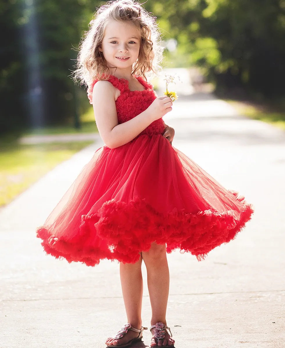 RUFFLE BUTTS: TULLE SLEEVELESS PRINCESS PETTI DRESS - BRIGHT RED