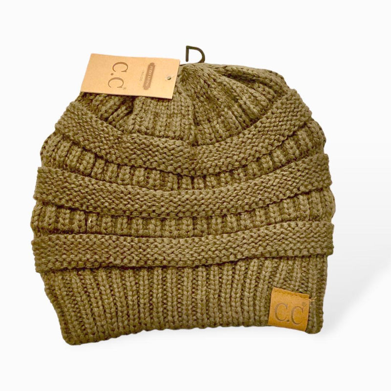 CC CRISS CROSS KNIT PONYTAIL BEANIE-OLIVE, WHITE, AND BROWN