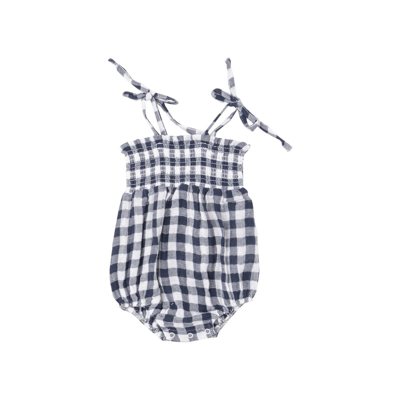 ANGEL DEAR: TIE STRAP SMOCKED BUBBLE - GINGHAM NAVY