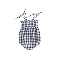 ANGEL DEAR: TIE STRAP SMOCKED BUBBLE - GINGHAM NAVY