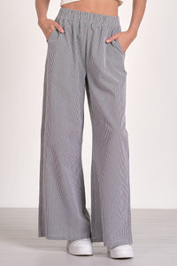 ELAN - ELASTIC WAIST WIDE LEG PANTS - BLACK & WHITE SEERSUCKER