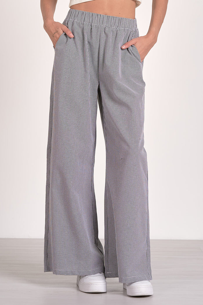 ELAN - ELASTIC WAIST WIDE LEG PANTS - BLACK & WHITE SEERSUCKER