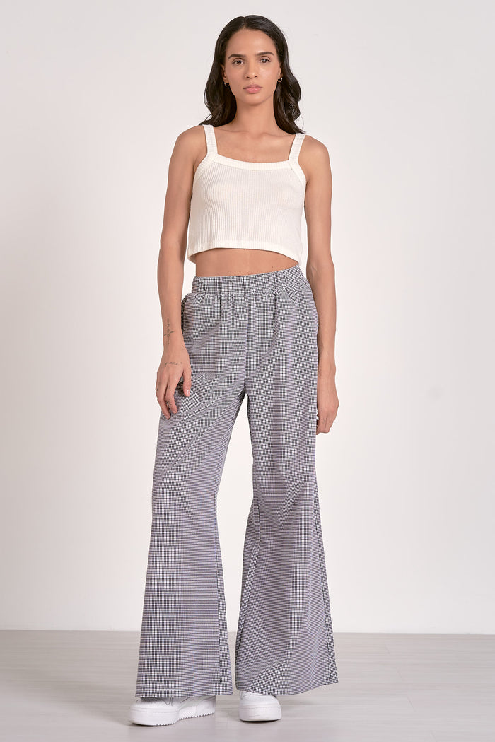ELAN - ELASTIC WAIST WIDE LEG PANTS - BLACK & WHITE SEERSUCKER