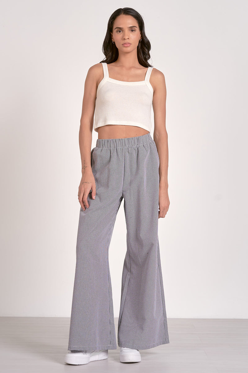 ELAN - ELASTIC WAIST WIDE LEG PANTS - BLACK & WHITE SEERSUCKER