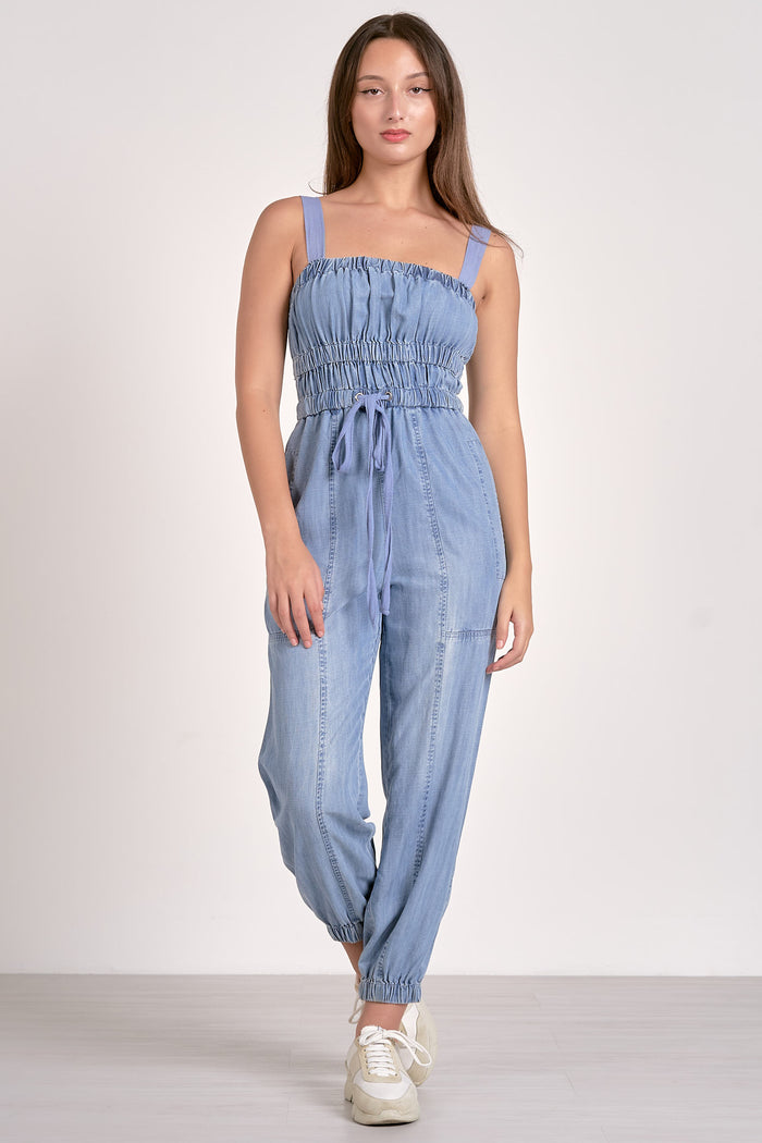 ELAN: SHIRRED CHAMBRAY JUMPSUIT - LIGHT BLUE WASH