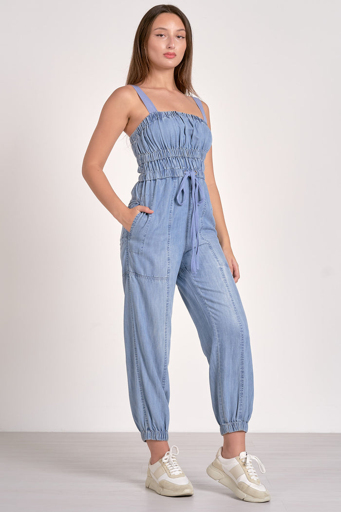 ELAN: SHIRRED CHAMBRAY JUMPSUIT - LIGHT BLUE WASH