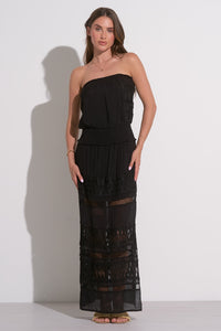ELAN: LACE & CROCHET STRAPLESS MAXI DRESS - BLACK
