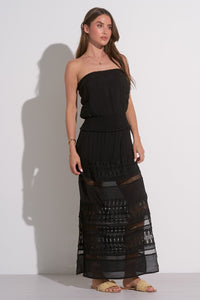 ELAN: LACE & CROCHET STRAPLESS MAXI DRESS - BLACK