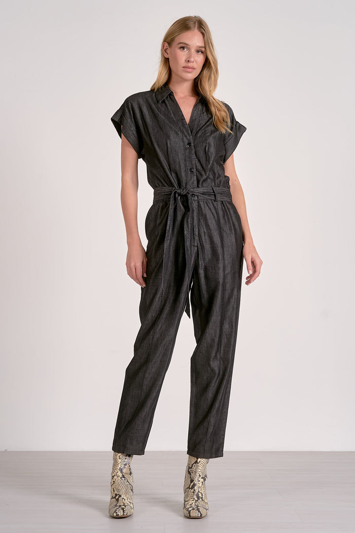 ELAN: SHORT SLEEVE TIE BELT JUMPSUIT - GREY DARK WASH