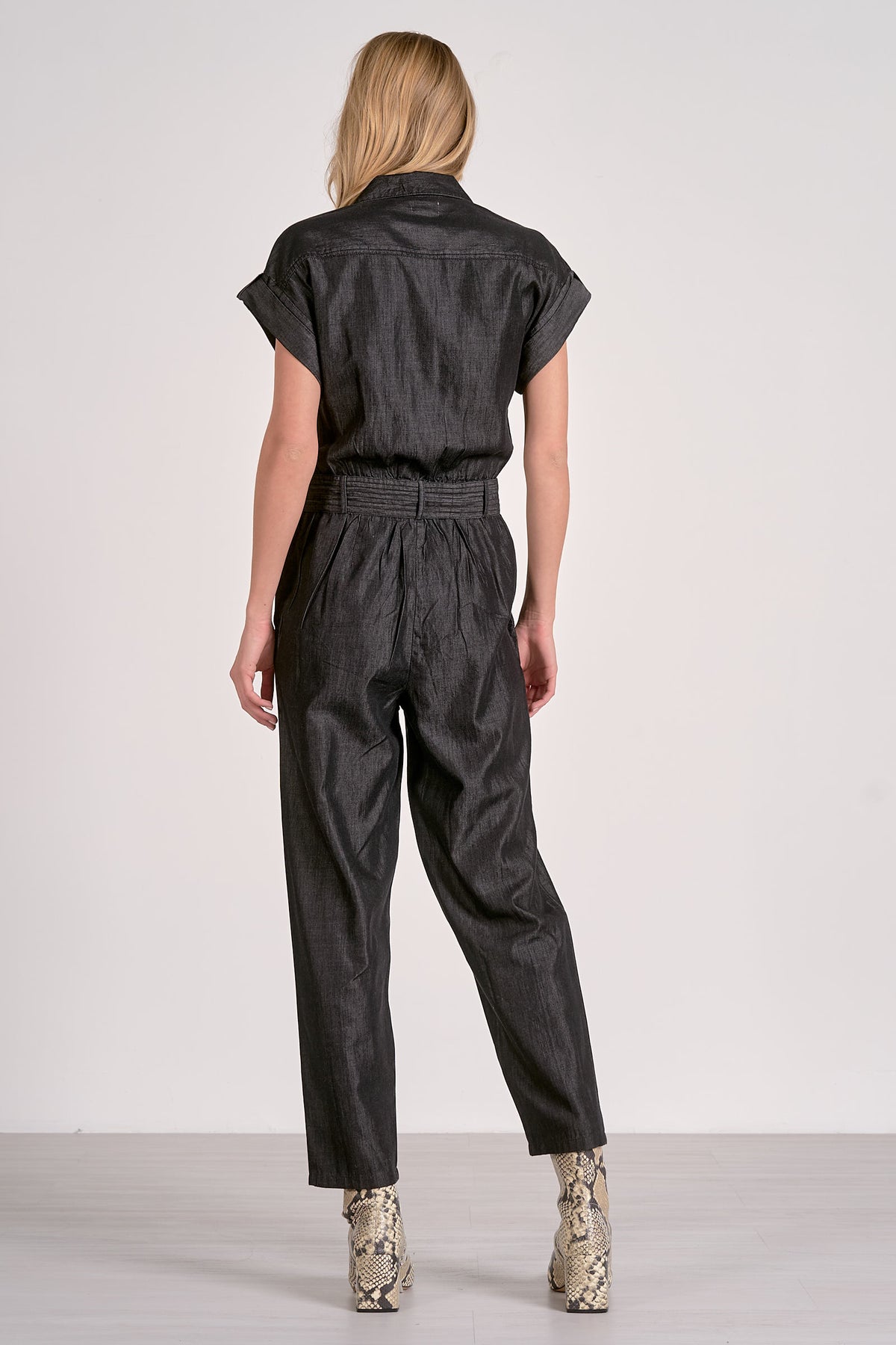 ELAN: SHORT SLEEVE TIE BELT JUMPSUIT - GREY DARK WASH