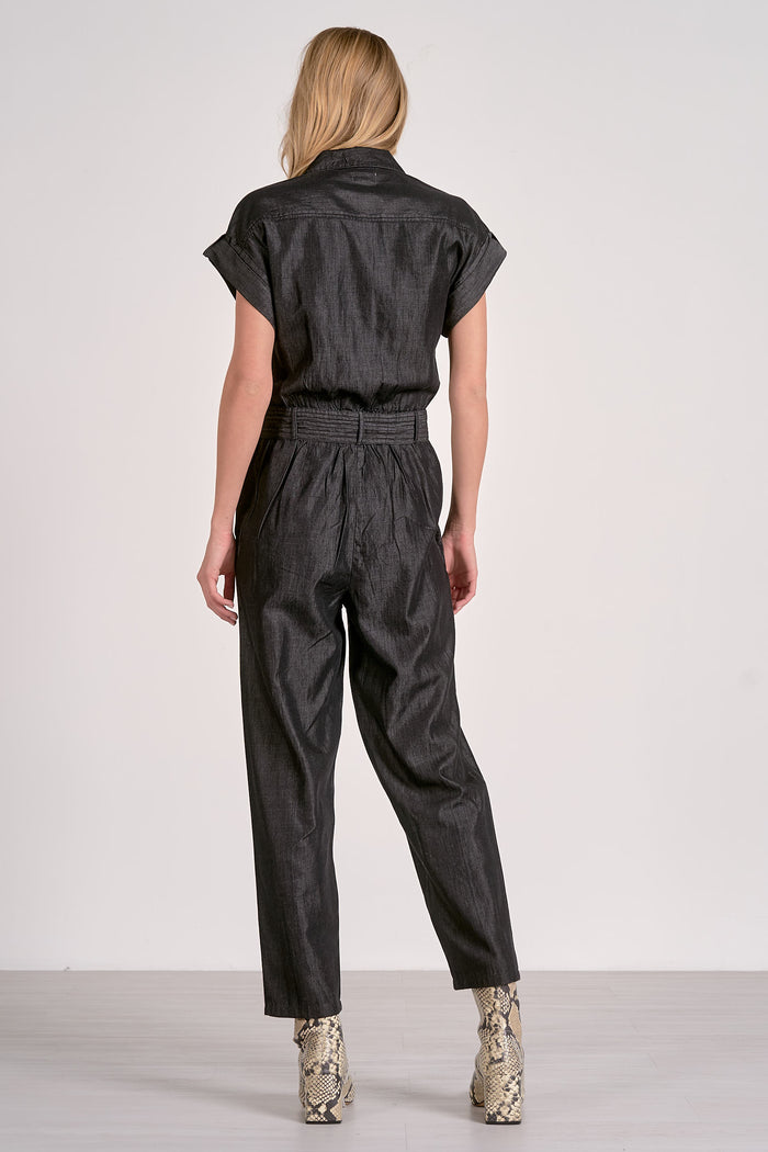 ELAN: SHORT SLEEVE TIE BELT JUMPSUIT - GREY DARK WASH