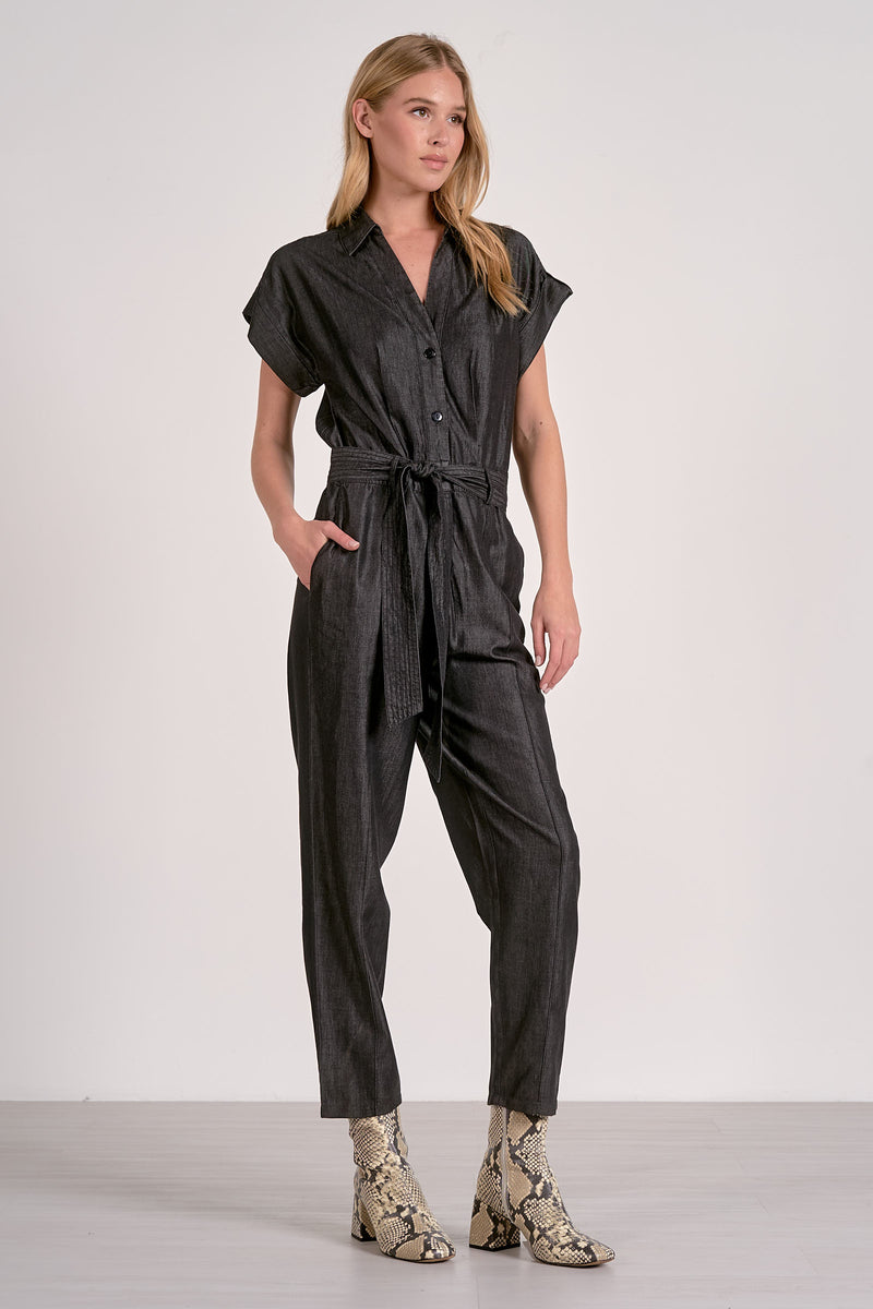 ELAN: SHORT SLEEVE TIE BELT JUMPSUIT - GREY DARK WASH