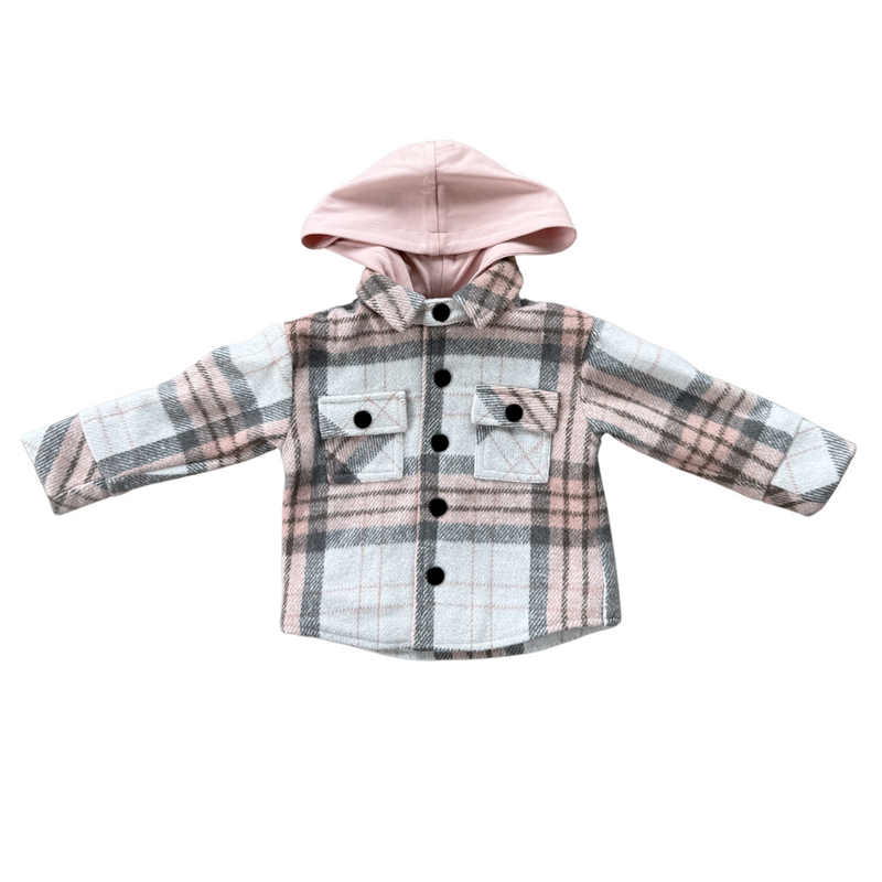 BABYSPROUTS: HOODED SHACKET - PINK FAWN PLAID