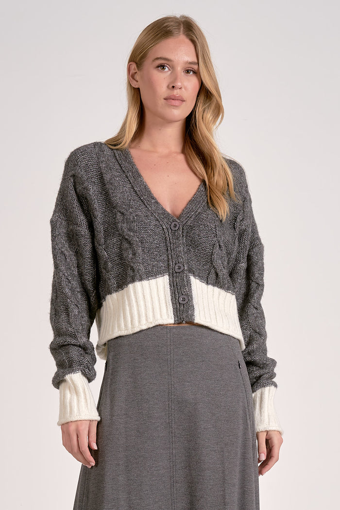 ELAN: CARRIE SWEATER CARDIGAN - GREY/WHITE COLORBLOCK