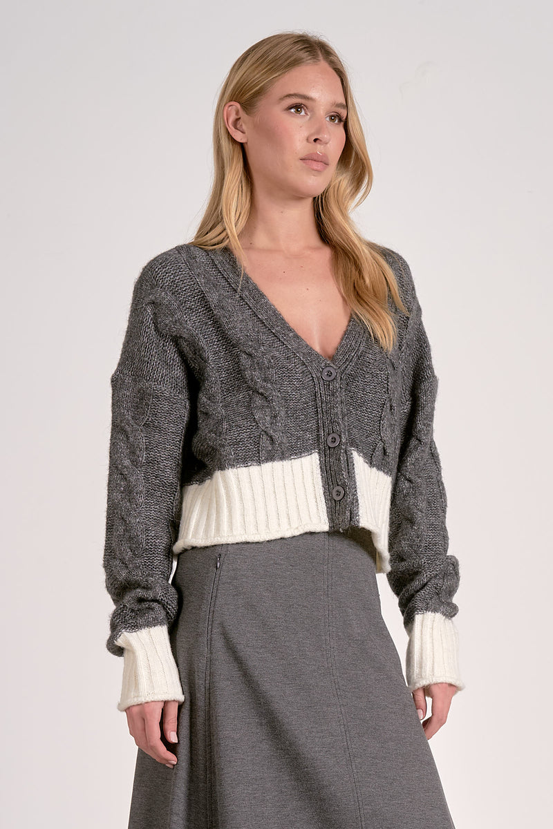ELAN: CARRIE SWEATER CARDIGAN - GREY/WHITE COLORBLOCK