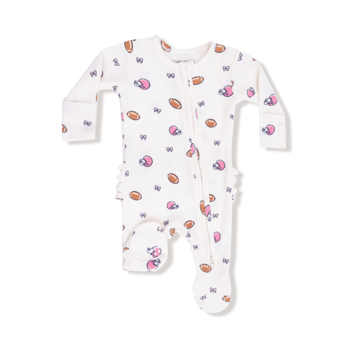 ANGEL DEAR: 2 WAY ZIPPER RUFFLE BACK FOOTIE - FOOTBALLS AND BOWS