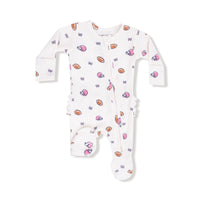 ANGEL DEAR: 2 WAY ZIPPER RUFFLE BACK FOOTIE - FOOTBALLS AND BOWS