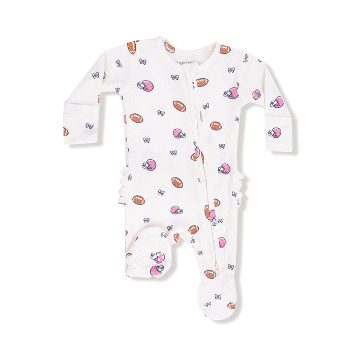 ANGEL DEAR: 2 WAY ZIPPER RUFFLE BACK FOOTIE - FOOTBALLS AND BOWS
