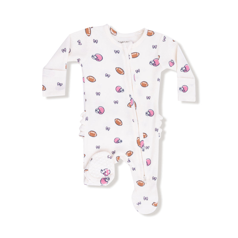 ANGEL DEAR: 2 WAY ZIPPER RUFFLE BACK FOOTIE - FOOTBALLS AND BOWS