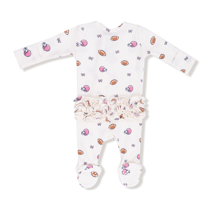 ANGEL DEAR: 2 WAY ZIPPER RUFFLE BACK FOOTIE - FOOTBALLS AND BOWS