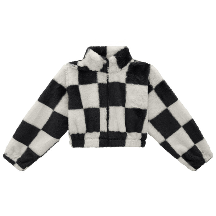 NANAI BY KYLY: CROPPED FAUX FUR JACKET - CHECKERED OFF WHITE/BLACK
