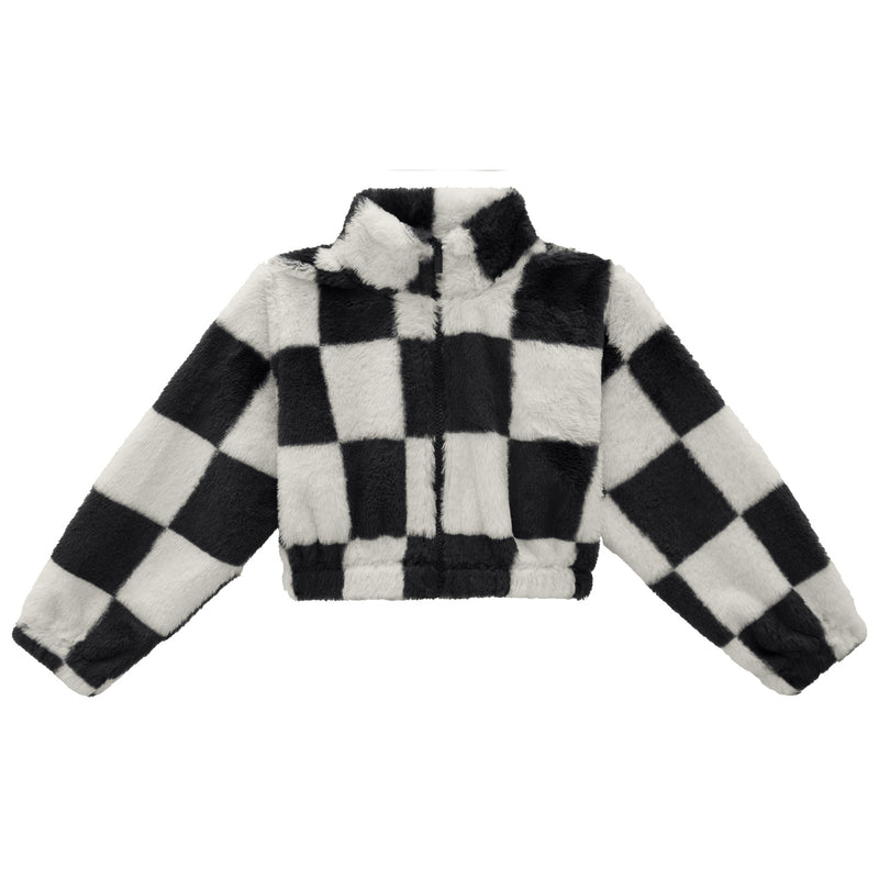 NANAI BY KYLY: CROPPED FAUX FUR JACKET - CHECKERED OFF WHITE/BLACK