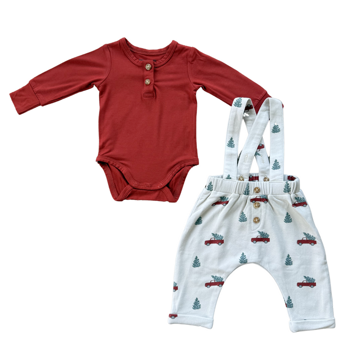 BABYSPROUTS: HENLEY BODYSUIT & SUSPENDERS SET - CHRISTMAS TRUCK