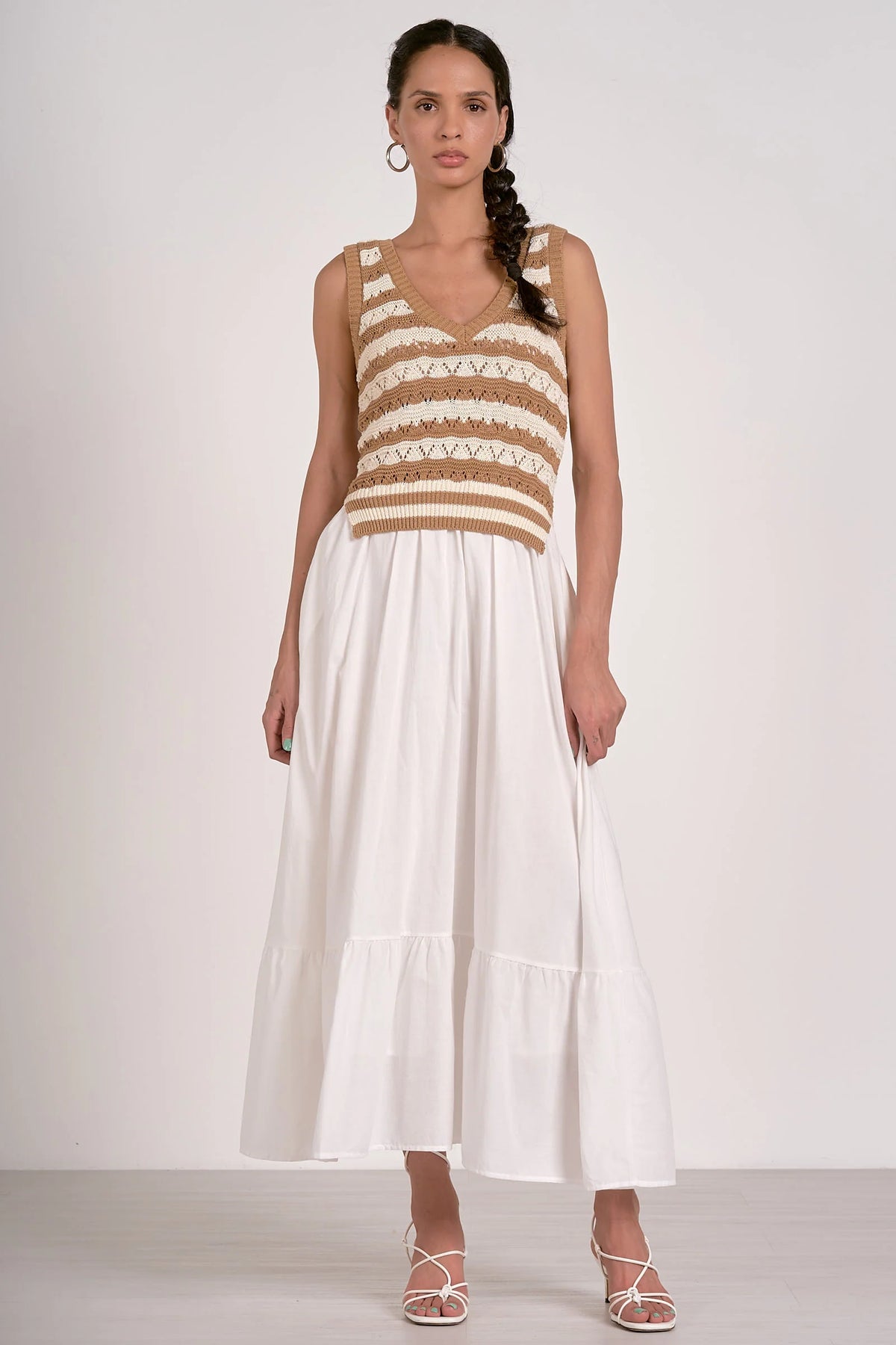 ELAN: CROCHET TANK TIERED MIDI DRESS - WHITE/TAN STRIPE