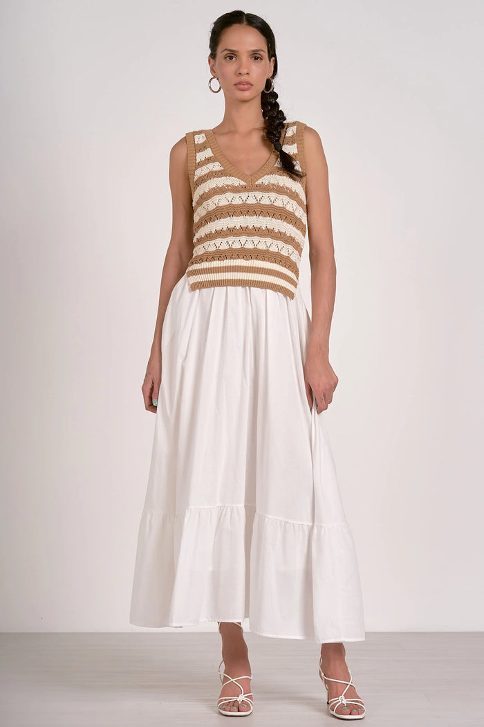 ELAN: CROCHET TANK TIERED MIDI DRESS - WHITE/TAN STRIPE