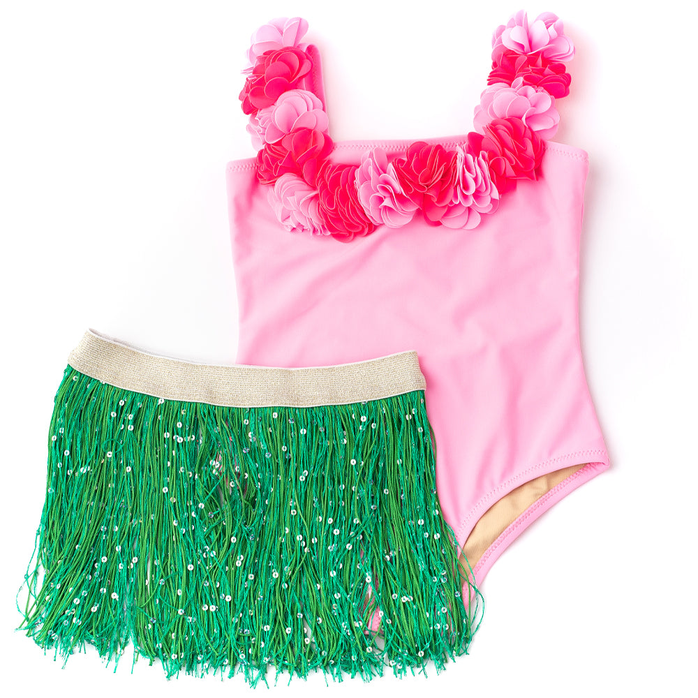 SHADE CRITTERS: HULA GIRL LEI ONE PIECE & FRINGE SKIRT - LIGHT PINK