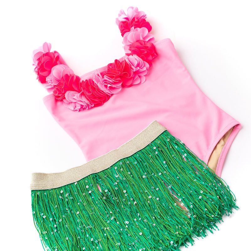 SHADE CRITTERS: HULA GIRL LEI ONE PIECE & FRINGE SKIRT - LIGHT PINK